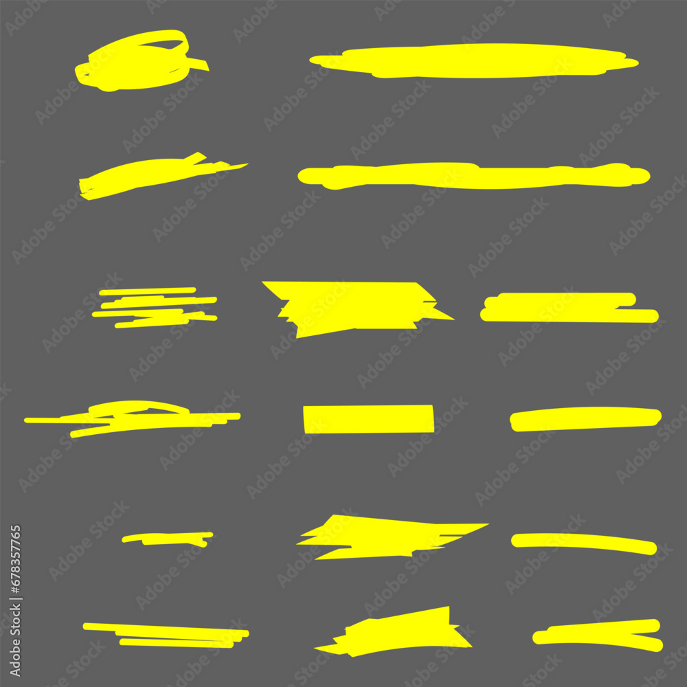 Highlighter Brush Set Hand Drawn Yellow Highlight Marker Stripes. Highlighter line yellow marker strokes lines Vector Illustration. Highlighter Brush Set Hand Drawn Yellow Highlight Marker Stripes. Highlighter line yellow marker strokes lines Vector Illustration.