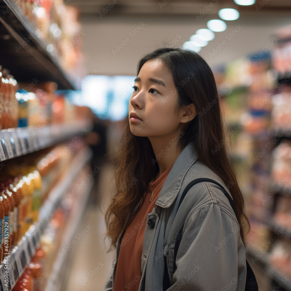 Portrait of a woman against the backdrop of grocery shelves. AI Generated Portrait of a woman against the backdrop of grocery shelves. AI Generated