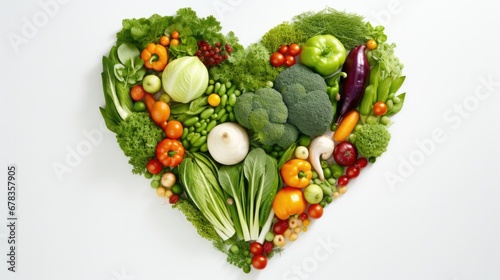 Heart shaped vegetables and fruits on white background. Generative AI.