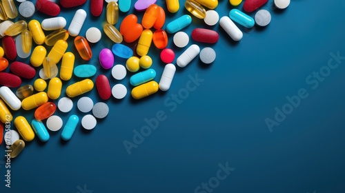 Colorful pills and capsules on a blue background. Off set top left for copy space below.