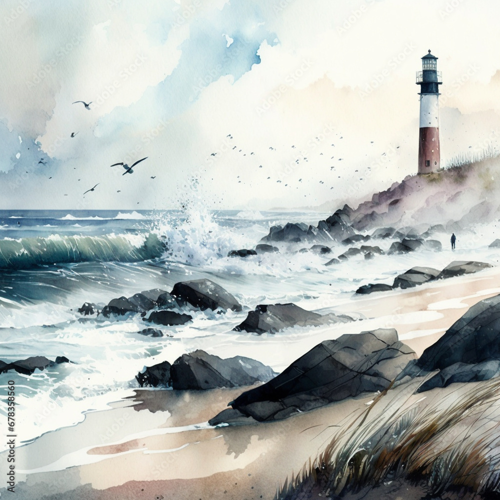 A watercolor landscape of a serene beach with waves crashing on the shore, and a lighthouse in the distance - Generative AI