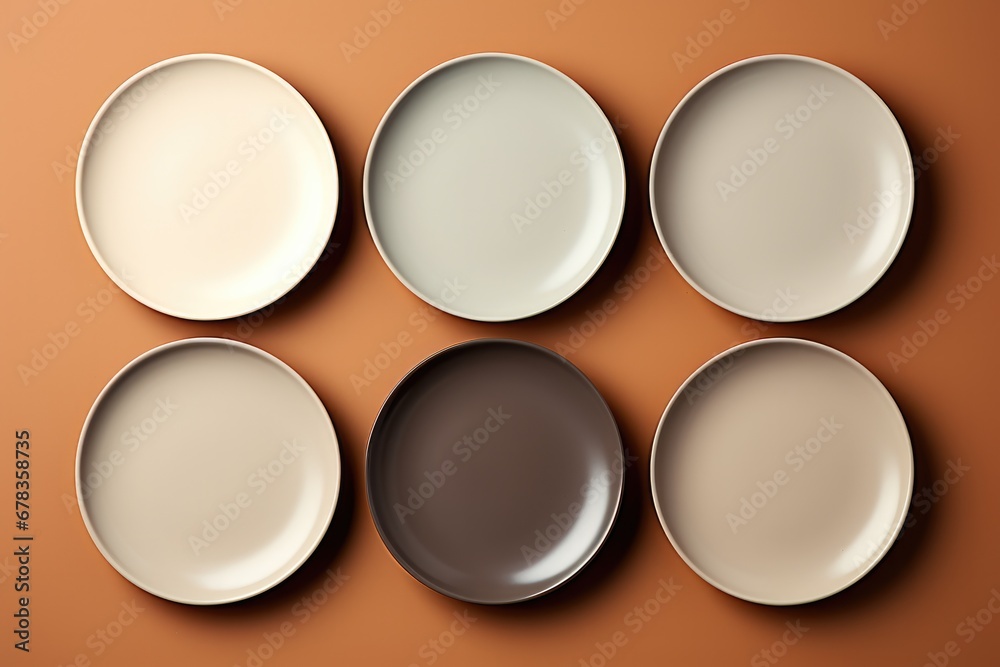 A chic set of minimalistic porcelain dining plates isolated on a taupe gradient background A chic set of minimalistic porcelain dining plates isolated on a taupe gradient background
