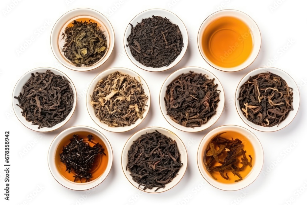 assortment of tea in tray isolated on white. AI Generated