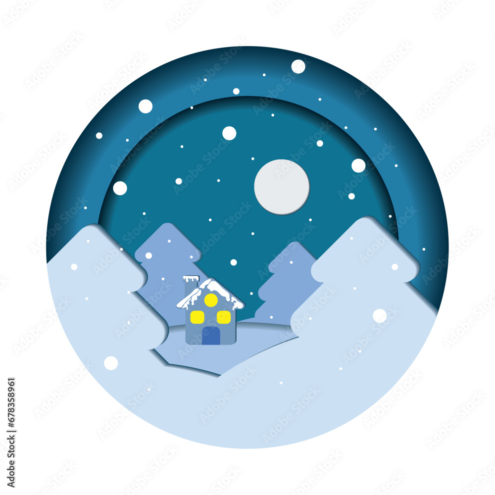 Naklejka premium Winter landscape with trees and house Paper art style Vector