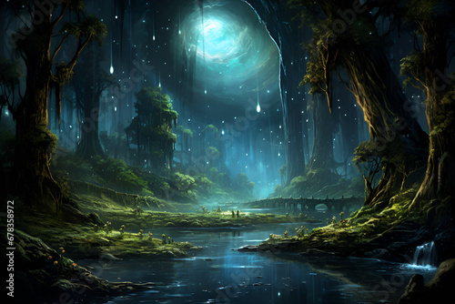 Forest scenery bathed in moonlight