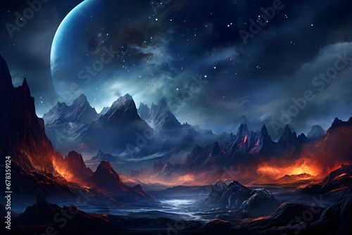 An imaginary beautiful night scene with the moon, stars, and planets