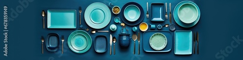 A blue table with a variety of blue plates and spoons. Generative AI.