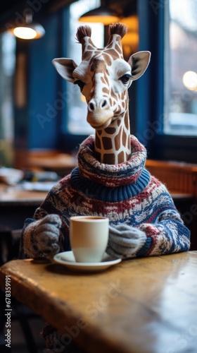A giraffe sitting at a table with a cup of coffee. Generative AI.