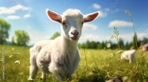 delightful white young goat, its innocent eyes looking directly into the camera