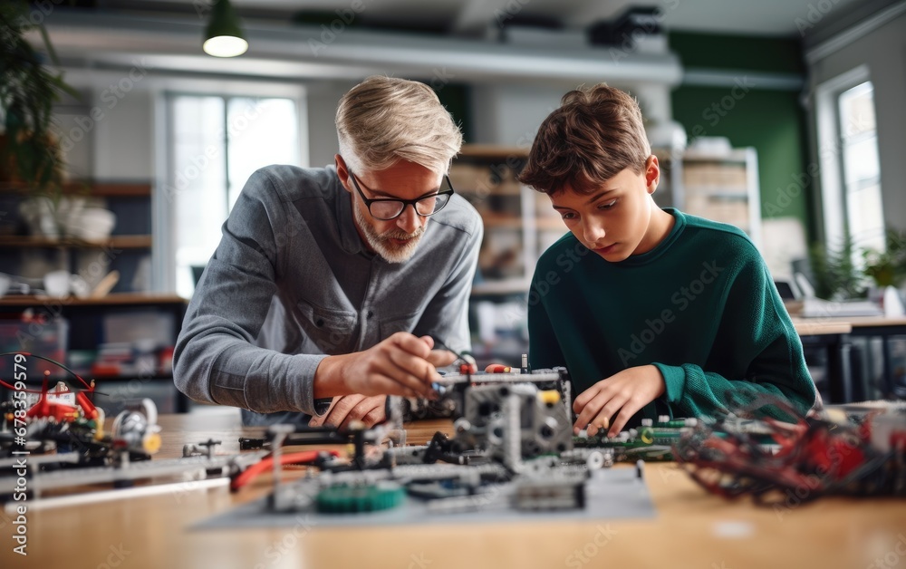 University Students Building a Machine In Science Robotics Or Engineering Class