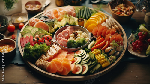 Appetizing food platter with a variety of delectable dishes. Meat and vegetable platter. Japanese food .