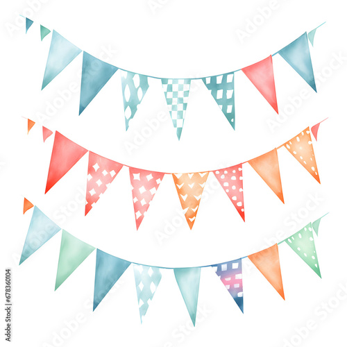 Set carnival garlands with flags birthday party decoration, string of flags, banner background. Decorative colorful party pennants for birthday celebration, festival and fair decoration. Watercolor
