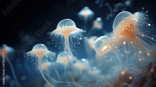 A group of jellyfishs floating in the water. Generative AI. © Natalia