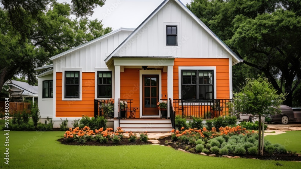 Embrace the charm of this small, cozy house adorned in a warm shade of orange, with white windows and a stylish dark brown metal roof. Embrace the charm of this small, cozy house adorned in a warm shade of orange, with white windows and a stylish dark brown metal roof.