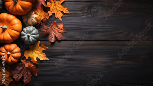 Festive Autumn Decor on Black Wooden Background  Pumpkin aand Leaves on Dark Wood