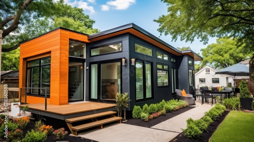 Embrace the charm of this small, cozy house adorned in a warm shade of orange, with white windows and a stylish dark brown metal roof.