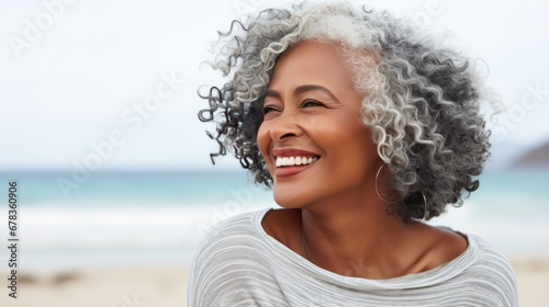 Beautiful gorgeous 50s mid age elderly senior model black woman at the beach with grey hair laughing and smiling. Mature old lady close up portrait, generative ai photo