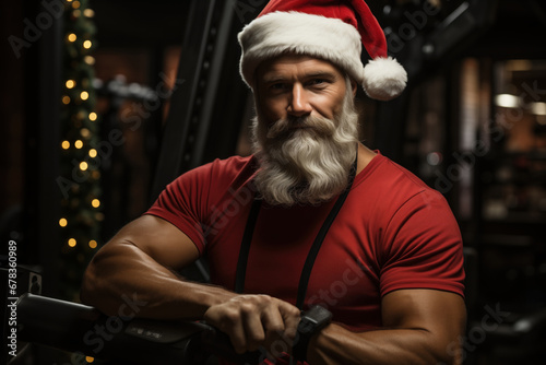 Muscular man in Santa hat in gym