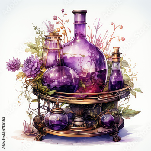 watercolor Purple Steampunk Potions clipart, Generative Ai