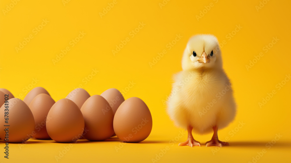 Small Chicken with Eggs on Yellow Background