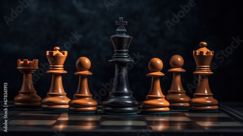 Various chess pieces on the table on a dark background. Majestic game. Pawns and kings.