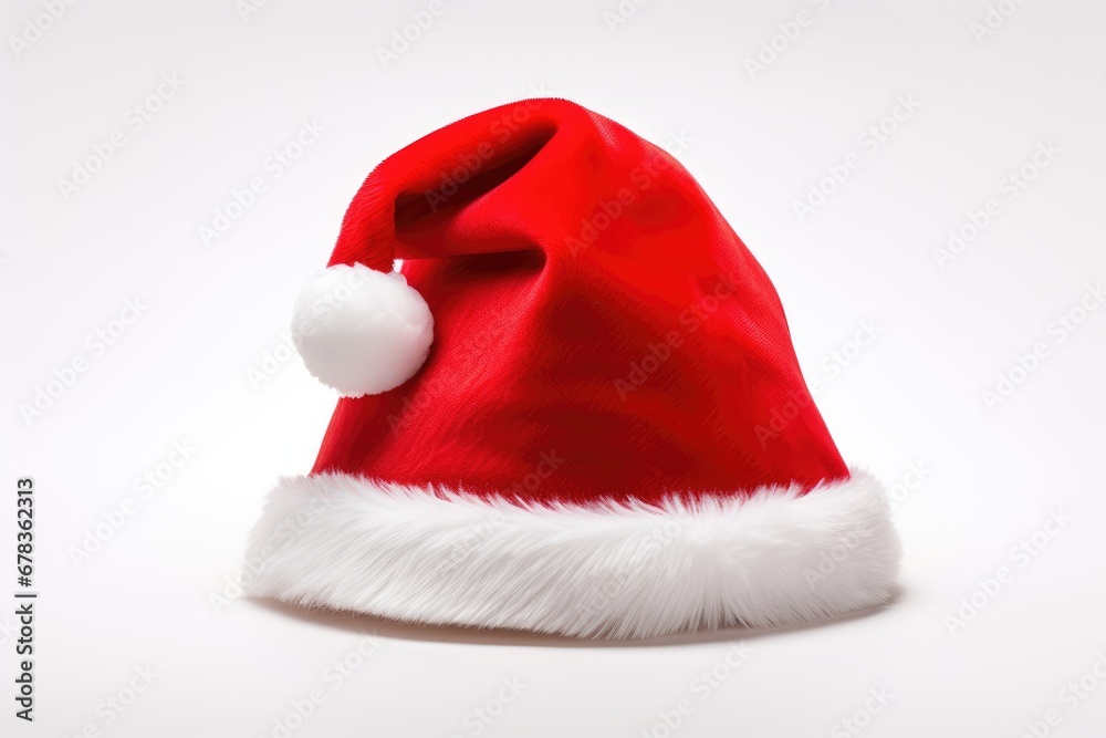 Red Santa Hat on White Background, A close up of a festive and cozy accessory for the holiday season Red Santa Hat on White Background, A close up of a festive and cozy accessory for the holiday season