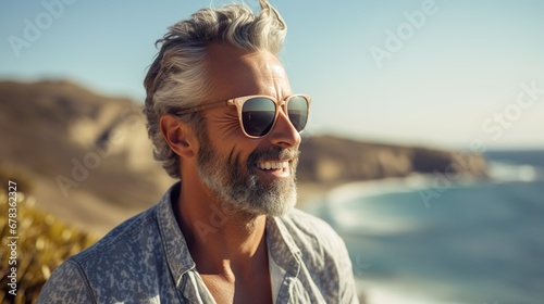 Concepto de hombre de mediana edad disfrutando del paisaje de una playa. Generado por IA. photo