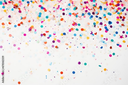 top view frame of colorful confetti scattered on a white surface background