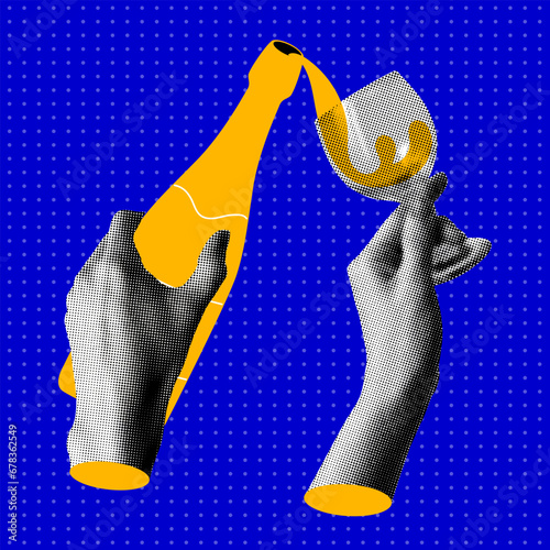 Hand pouring champagne. Hand with glass of champagne or wine. Poster Happy New Year. Сelebrating an event. New Year or Christmas party. Modern halftone collage. Retro newspaper elements.