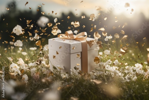 white gift box with a gold ribbon sits in a field of white flowers with gold confetti floating around, blurred green forest background