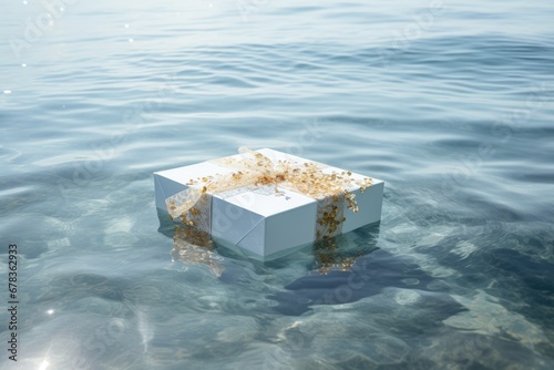 white gift box with a gold ribbon floats on blue ocean waves, surrounded by gold confetti