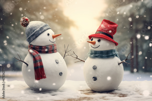 Two Snowmen Standing Face to Face