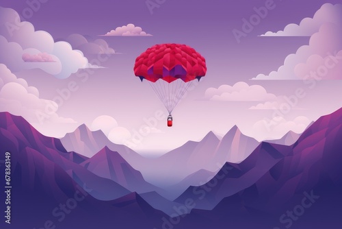 red parachute floats above purple mountain peaks under a pastel sky
