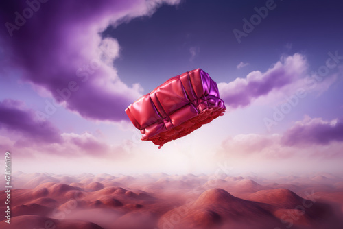 red parachute glides over undulating desert dunes under a purple sky