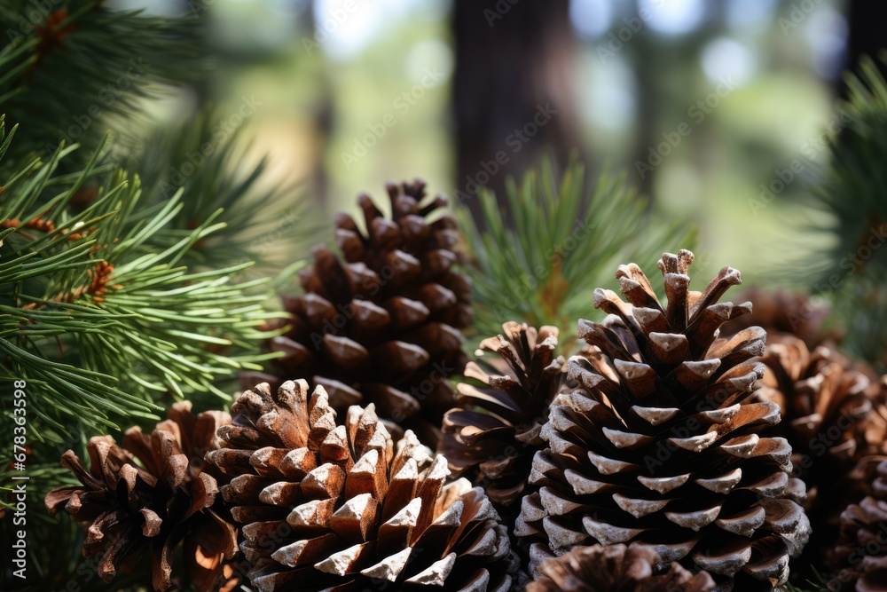 Close up of pine cones amid vibrant green needles, blurred green forest trees background Close up of pine cones amid vibrant green needles, blurred green forest trees background