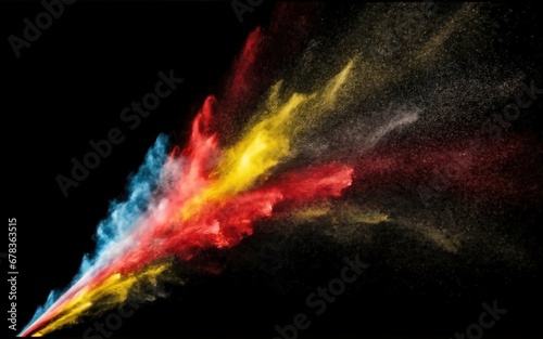 Red and yellow colored powder explosions on black background. Holi paint powder splash in colors of Spanish flag, Multicolored powder explosion on black background. Colorful red yellow splash cloud