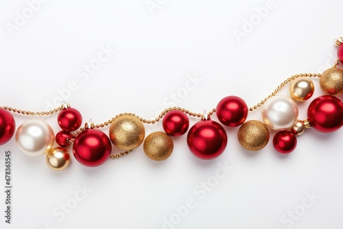 string of red and gold Christmas ornaments garland isolated on a white background