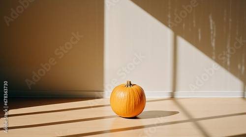 Pumpkin on wooden table. Beautiful pumpkin decor. Autumn holiday. Pumpkin day  Halloween and Thanksgiving. Organic food. Fall color  orange and yellow. Bright room flooded with sun. Generated AI