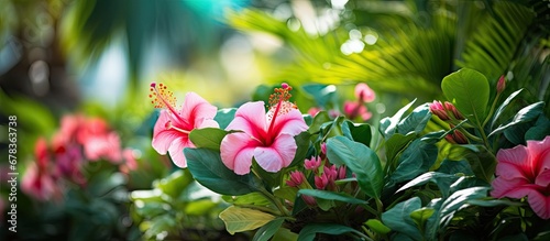 vibrant summer garden a tropical plant adorned with pink flowers and colorful leaves stands out adding a touch of beauty to the lush green background of natures spring and perfectly capturin