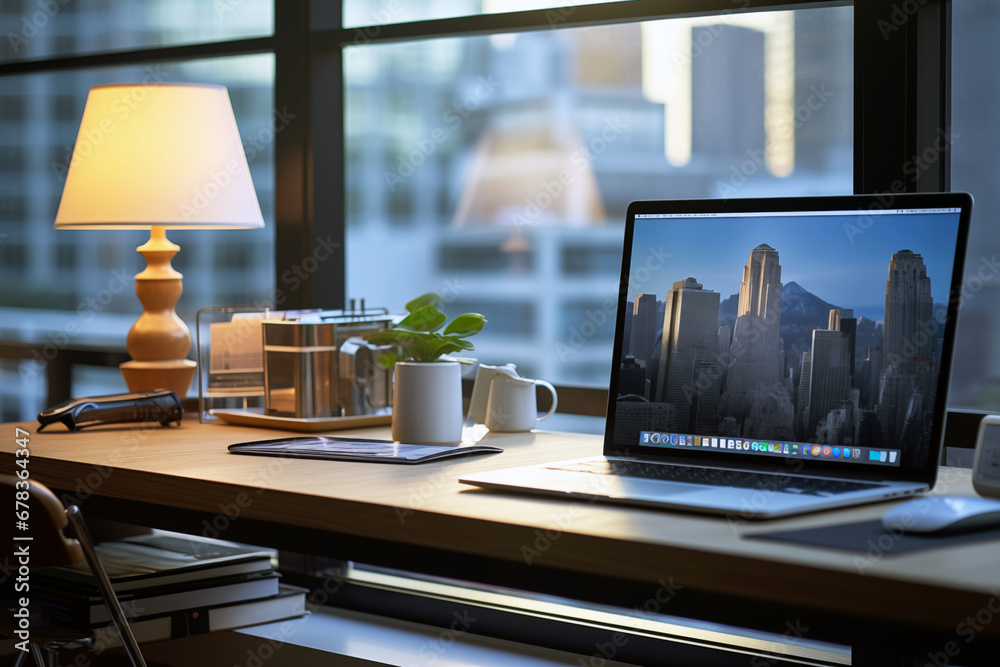 Office space with computer. Desk. Corporate office. Office space with computer. Desk. Corporate office.