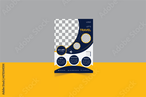 Travel poster or flyer template brochure design layout space for photo background. dark blue travel flyer template for travel agency end year promo package photo