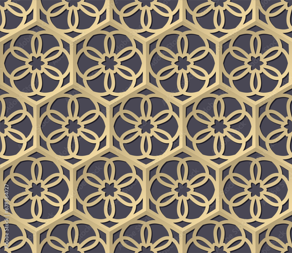 Islamic oriental pattern. Seamless arabic geometric wallpaper. Traditional muslim background. Indian heritage, arabesque, persian motif. Hexagonal golden texture. Vector illustration