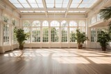 Massive space for large events in the atrium of the conservatory with large windows and natural sunlight