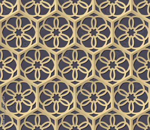 Islamic oriental pattern. Seamless arabic geometric wallpaper. Traditional muslim background. Indian heritage, arabesque, persian motif. Hexagonal golden texture. Vector illustration