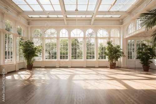 Massive space for large events in the atrium of the conservatory with large windows and natural sunlight photo