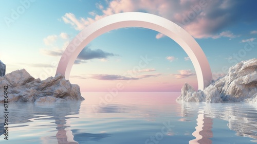 A large arch is in the middle of a body of water