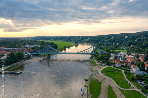 Dresden and Elbe river, blue miracle bridge in Dresden at sunset, Germany. Panoramic view of the city. Aerial photo