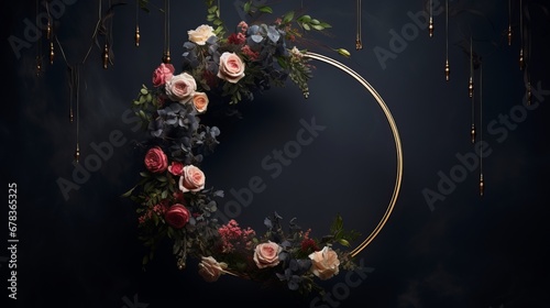 A circular floral arrangement on a black background