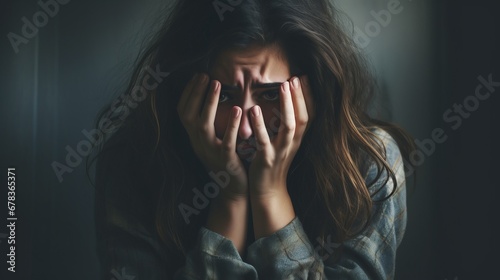 A woman covering her face with her hands