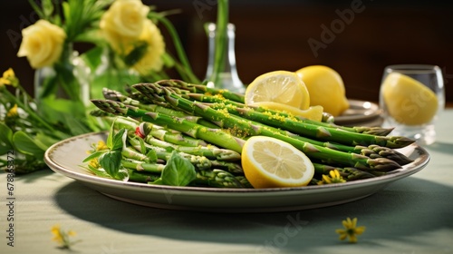 A plate of asparagus and lemons on a table